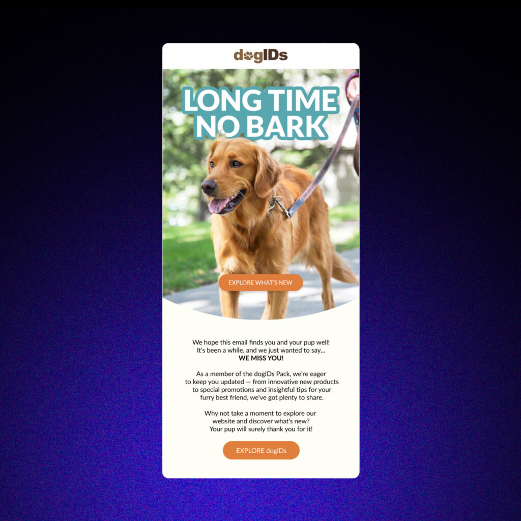 Example of a winback email marketing for pet stores.