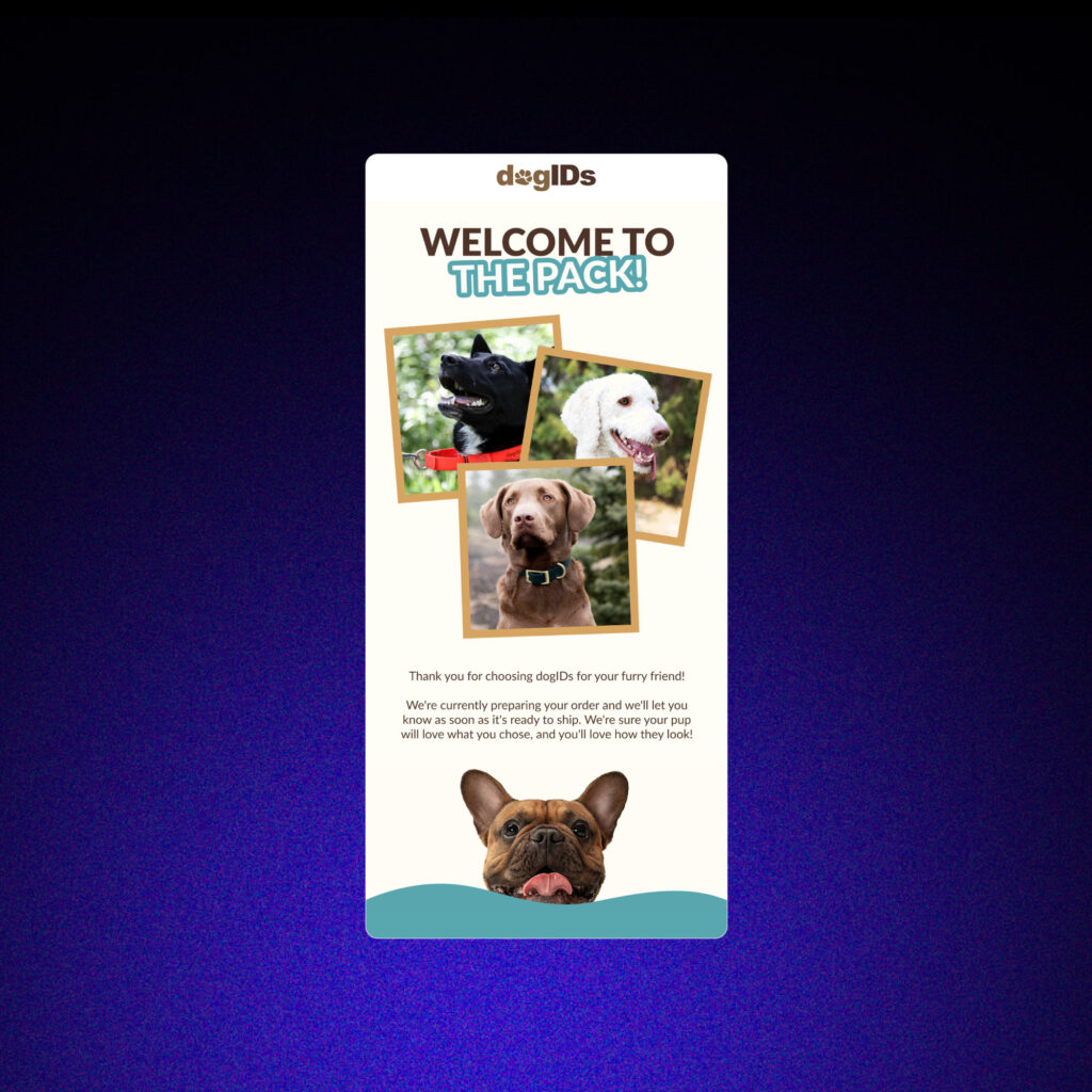 Example of a post-purchase follow-up email or Thank You email from dogIDs.