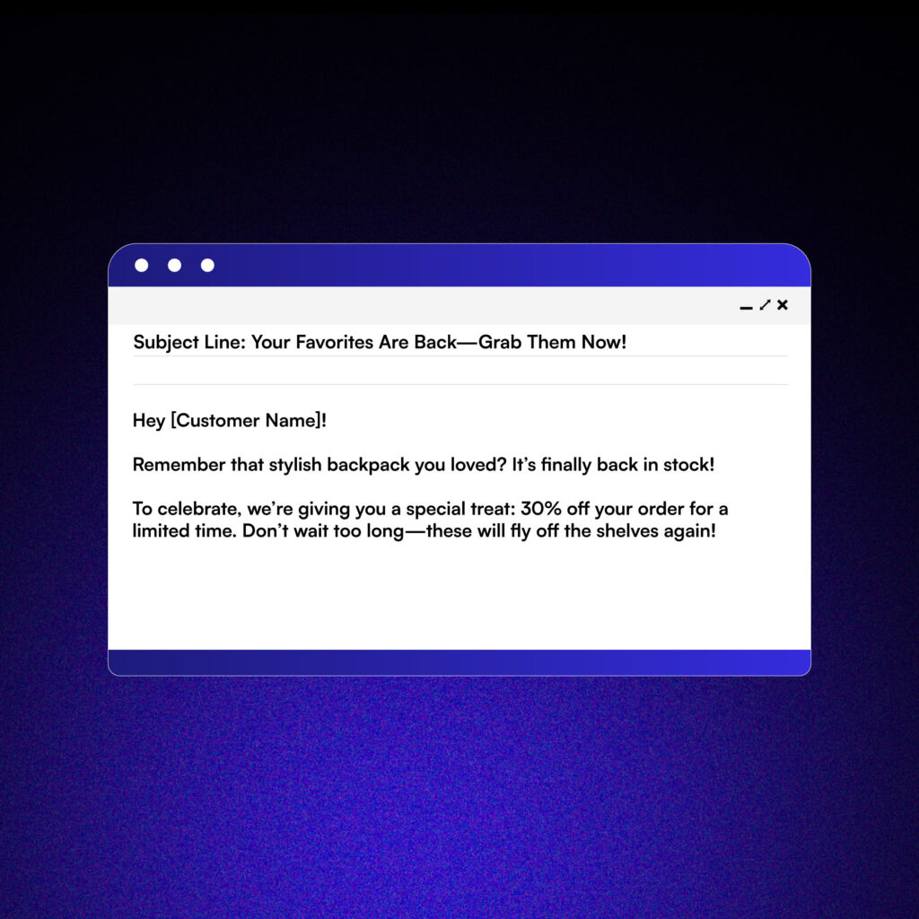 Exclusive Comeback Offer example email copy.
