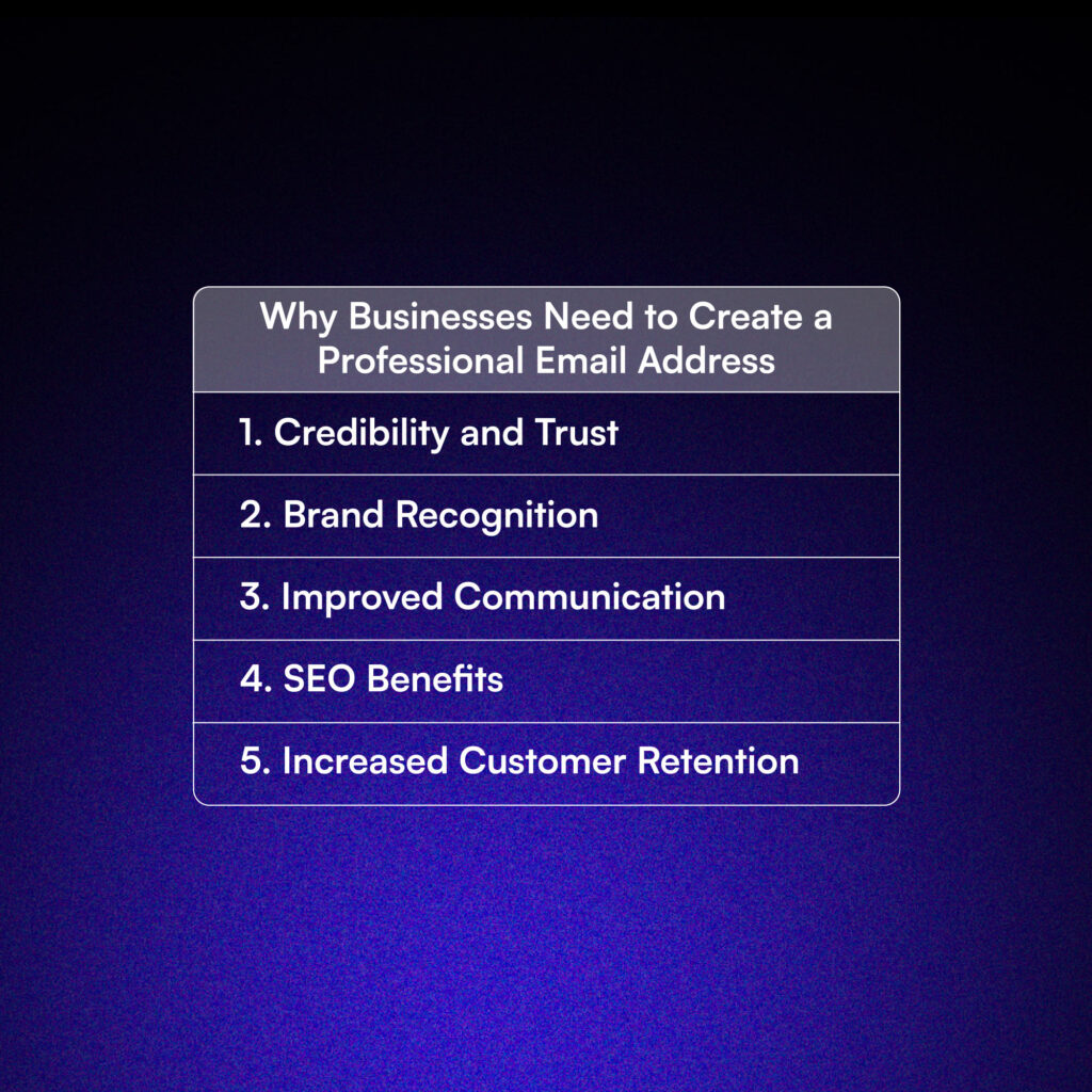 A list of Why Businesses Need to Create a Professional Email Address.