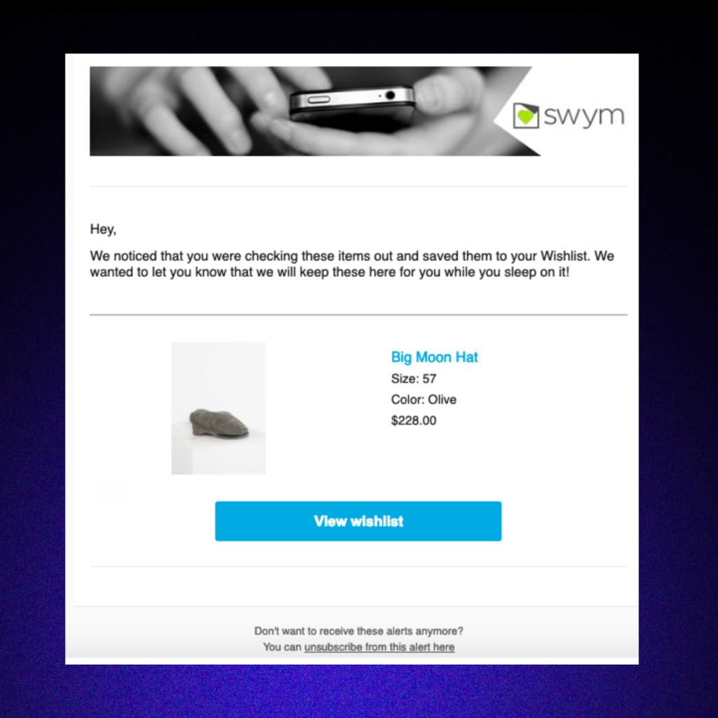 Product recommendation email example from swym.