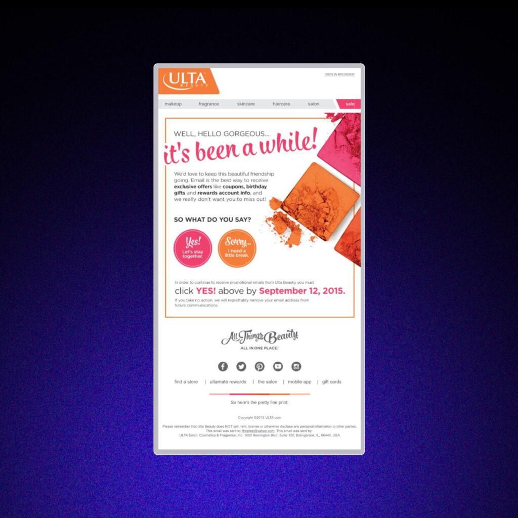 Ulta Beauty, the best beauty brands email marketing example.