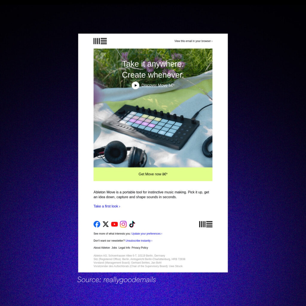 A promotional email for a portable music tool, placed on a picnic blanket. Symbolizes personalized product promotions targeting users in the consideration or purchase stage.
