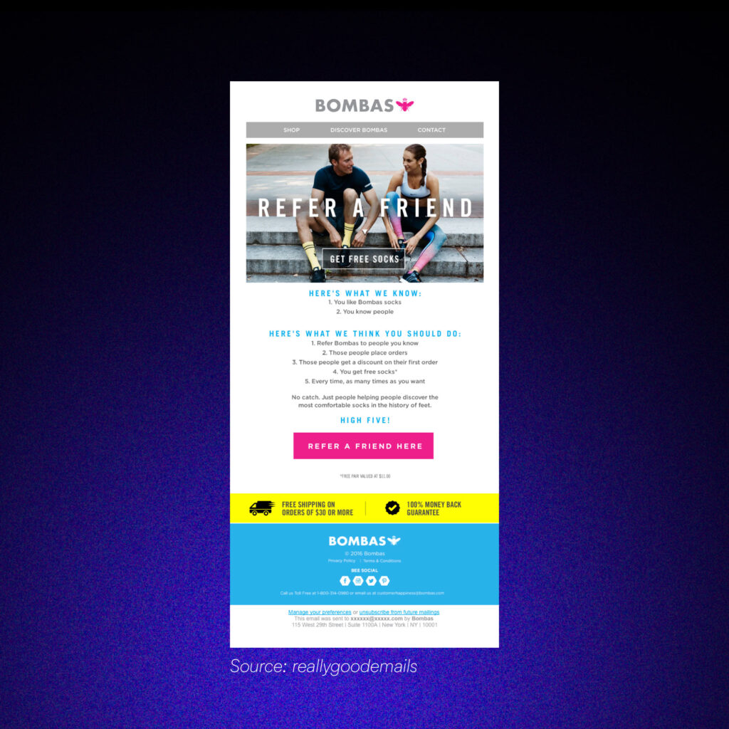 A ‘Refer a Friend’ email showcasing a rewards-based referral system. Highlights how businesses can tap into the advocacy stage by encouraging loyal customers to spread the word.