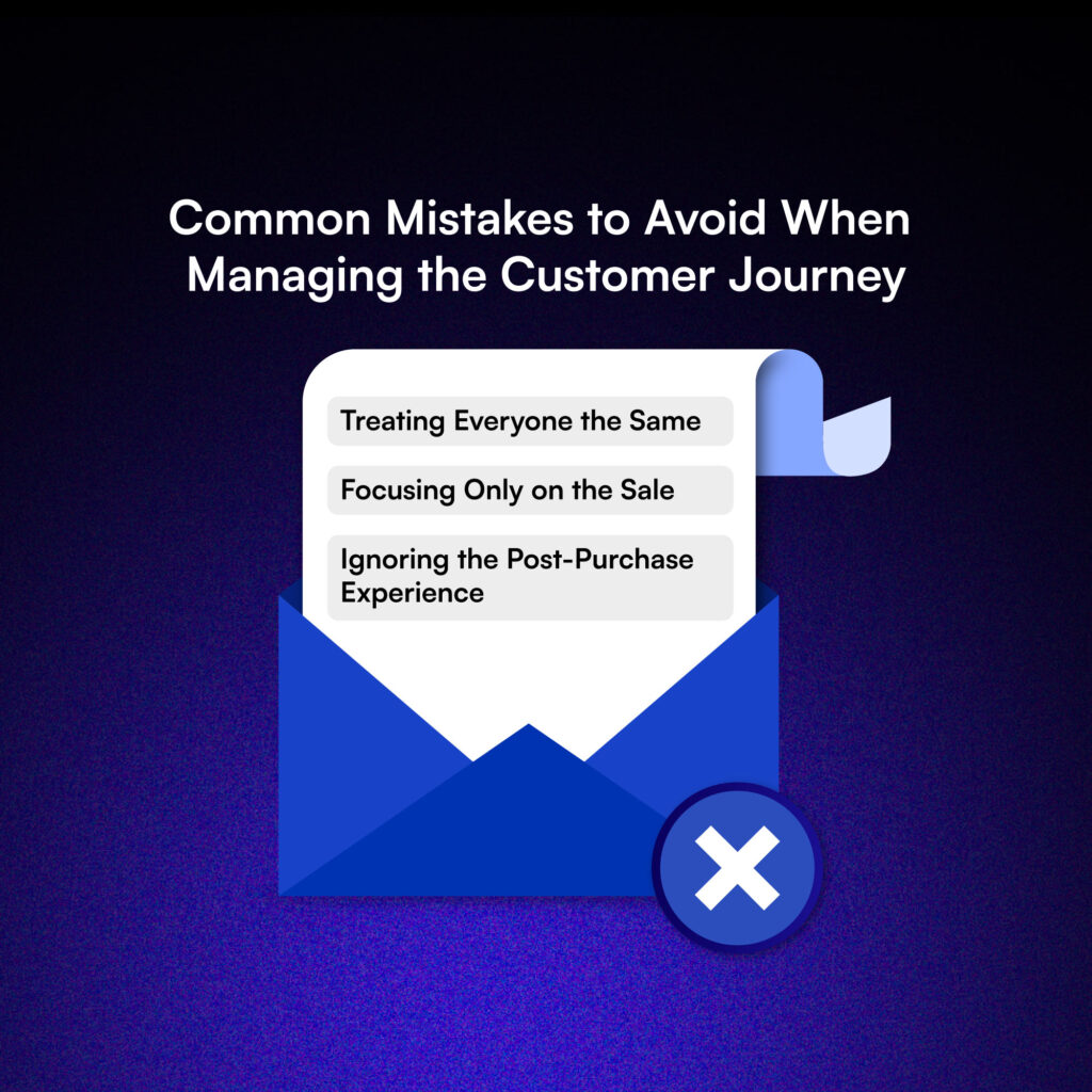An email-style graphic listing customer journey management mistakes like treating everyone the same or focusing only on sales. A cautionary visual showing what disrupts lifecycle progression.