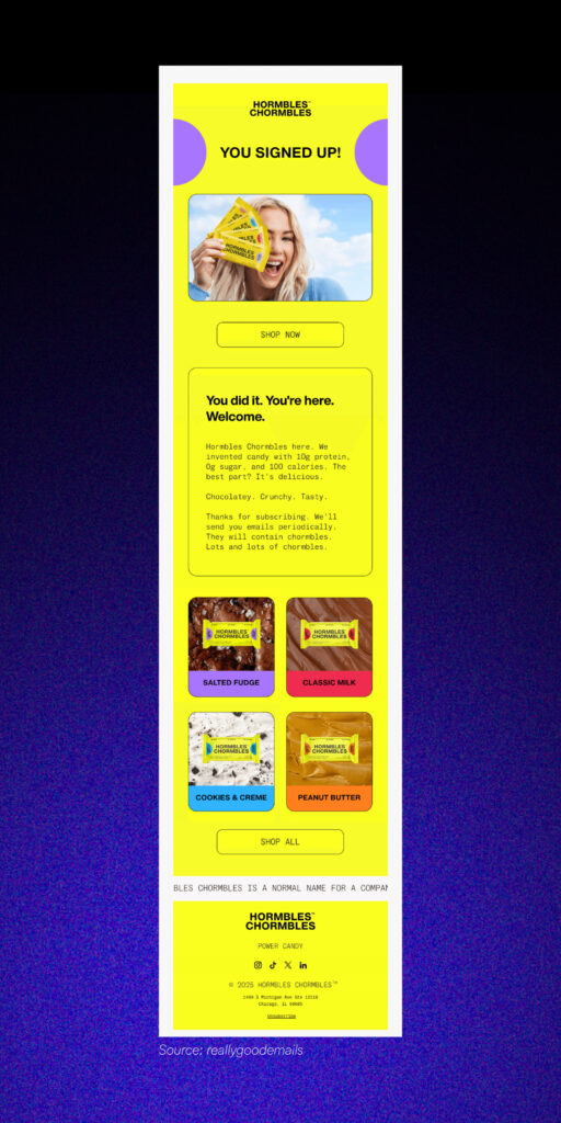 Bright yellow welcome email confirming a user’s signup for Hormbles Chormbles candy.
