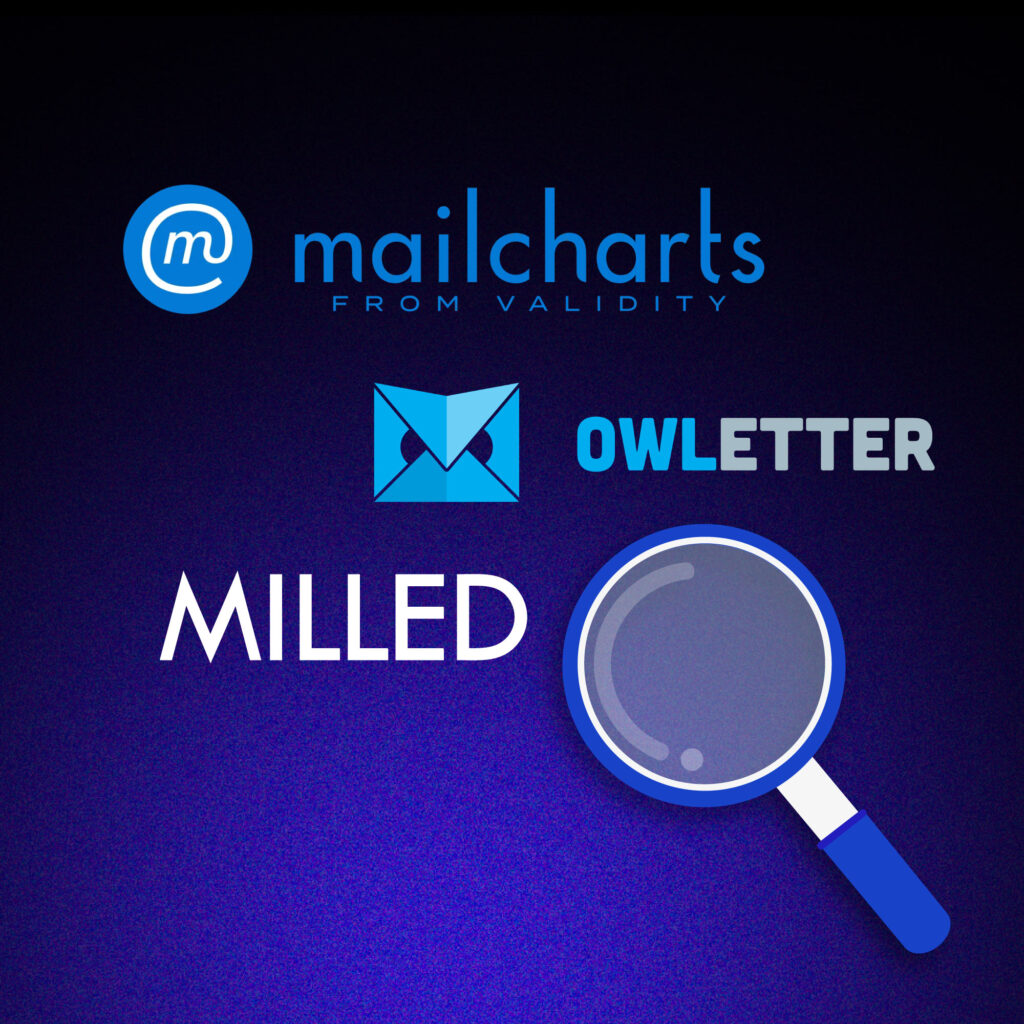 Logos of popular email monitoring tools like Mailcharts, Owletter, and Milled with a magnifying glass icon.