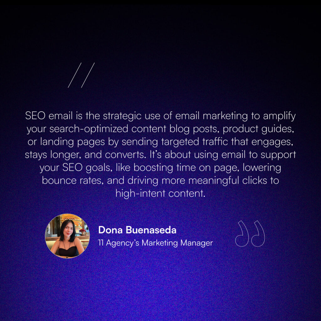 Quote image featuring a definition of SEO email by Dona Buenaseda with her photo.