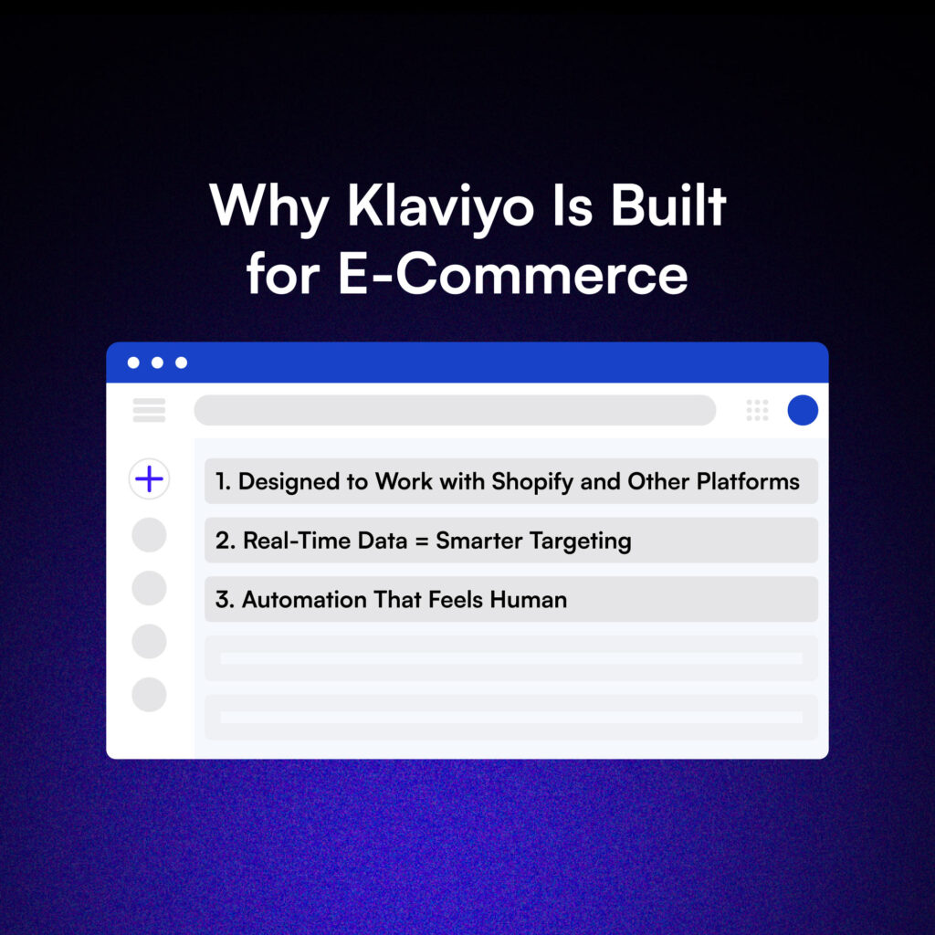 Browser-style graphic showing reasons Klaviyo works for e-commerce businesses.